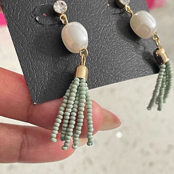 Rachel Roy Boho Dangle Earrings – Mint Beads, Pearl Drop & Rhinestone Stud - Picture 4 of 7